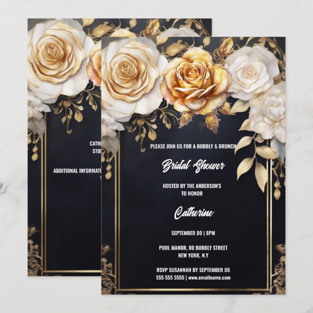 Bridal shower gold black rose flower floral chic invitation (Front/Back)