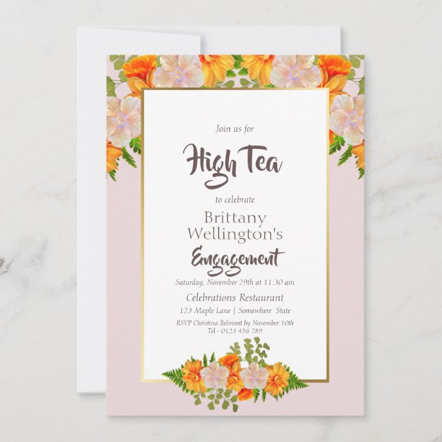 Bridal Shower Gold Blush Pink Floral High Tea Invitation (Front)