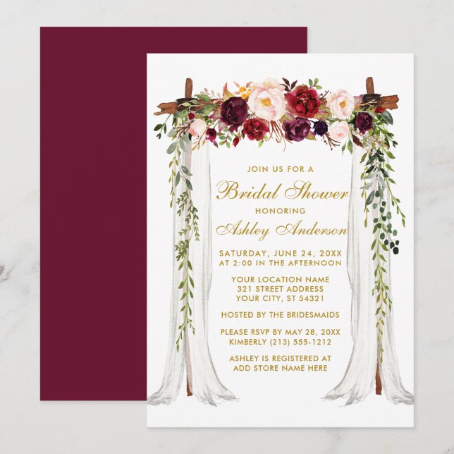 Bridal Shower Gold Burgundy Floral Canopy Invitation (Front/Back)
