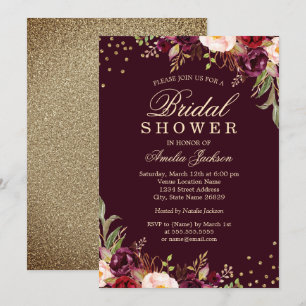 Bridal Shower Gold Burgundy floral Sparkle Invitation