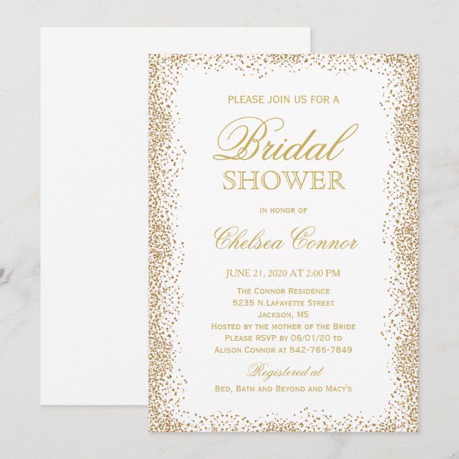 Bridal Shower - Gold Confetti and White Invitation (Front/Back)