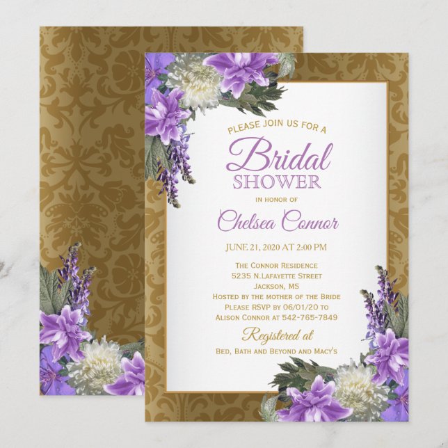 Bridal Shower - Gold Damask & Lavender Purple Invitation (Front/Back)