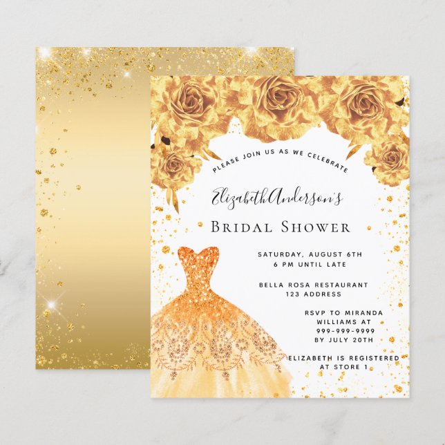Bridal Shower gold dress floral invitation (Front/Back)