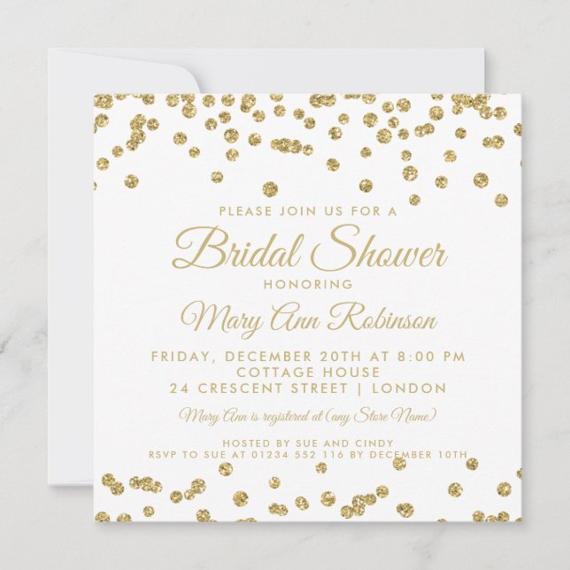 Bridal Shower Gold Faux Glitter Confetti White Invitation (Front)