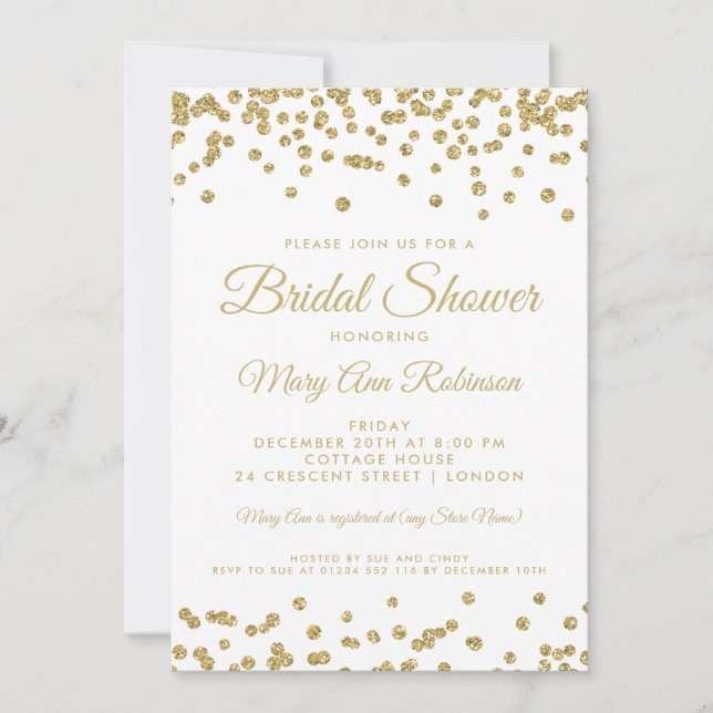 Bridal Shower Gold Faux Glitter Confetti White Invitation (Front)