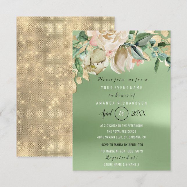 Bridal Shower Gold Flower Brunch Mint Green Invitation (Front/Back)