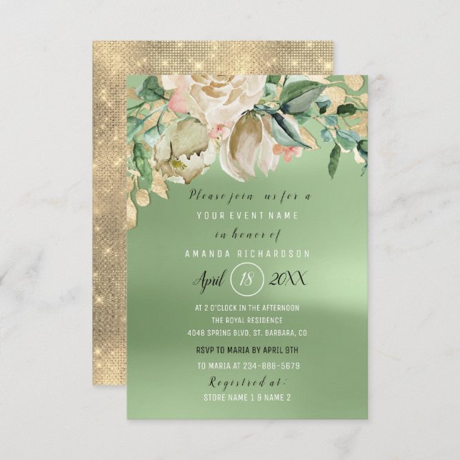 Bridal Shower Gold Flower Brunch Mint Green Invitation (Front/Back)