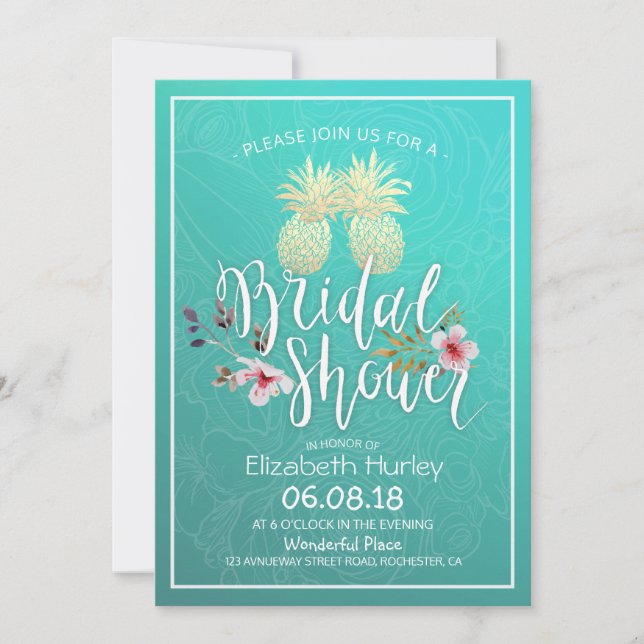 Bridal Shower Gold Foil Pineapple Couple Teal Rose Invitation (Front)