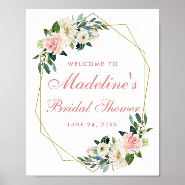 Bridal Shower Gold Frame Pink Blush Floral Welcome Poster (Front)