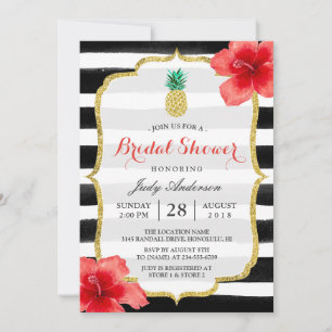 Bridal Shower Gold Glitter Pineapple Red Hibiscus Invitation