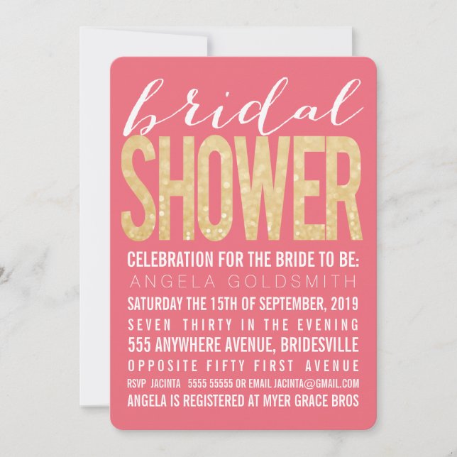 Bridal Shower Gold Glitter Salmon Party Invites (Front)