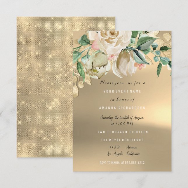 Bridal Shower Gold Mint Paint Flower Watercolor Invitation (Front/Back)