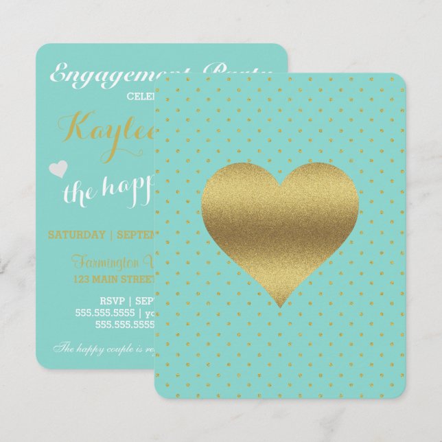 Bridal Shower Gold & Teal Blue Polka Dots Party Invitation (Front/Back)