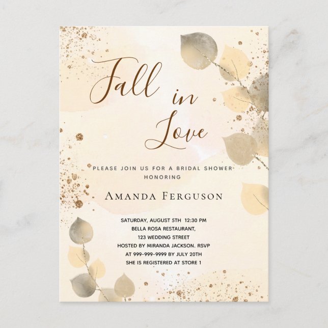 Bridal Shower golden eucalyptus glitter fall  Invitation Postcard (Front)