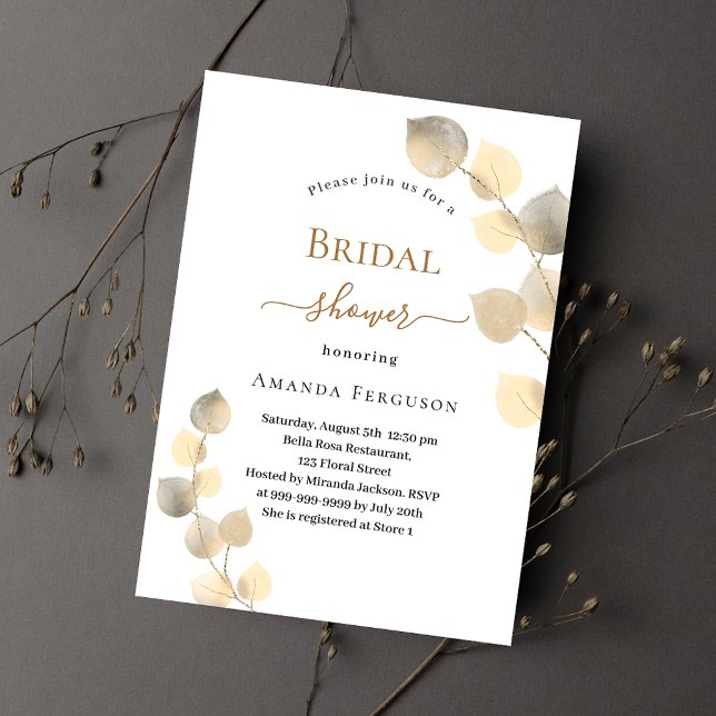 Bridal Shower golden eucalyptus sprigs Invitation Postcard (Creator Uploaded)
