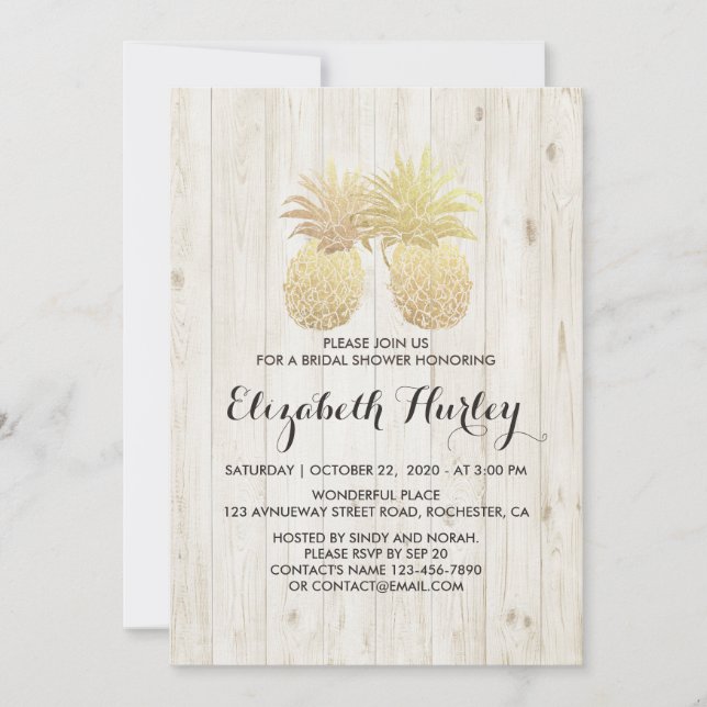Bridal Shower Golden Pineapple Couple Rustic Wood Invitation (Front)