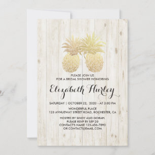Bridal Shower Golden Pineapple Couple Rustic Wood Invitation