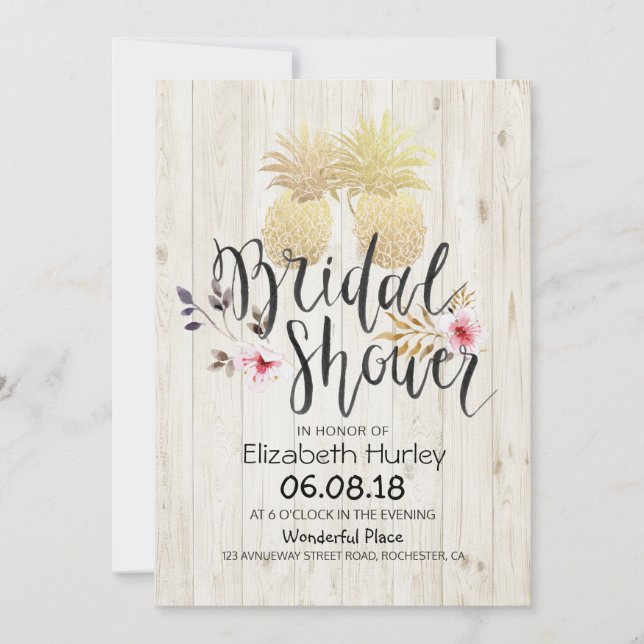 Bridal Shower Golden Pineapple Couple Rustic Wood Invitation (Front)