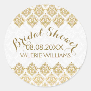 Bridal Shower Golden & White Floral Vintage Lace Classic Round Sticker