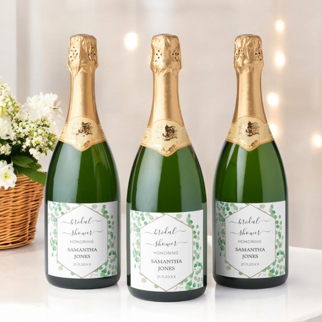 Bridal Shower Green Eucalyptus White  Sparkling Wine Label (Creator Uploaded)
