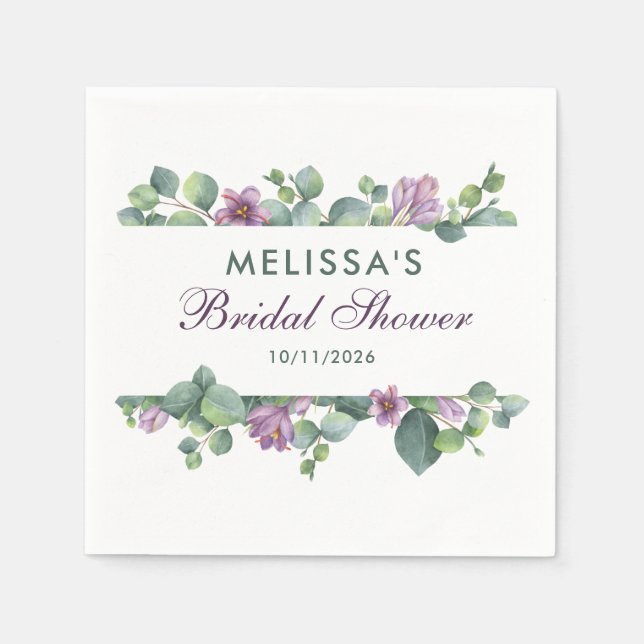 Bridal Shower Green Purple Eucalyptus Greenery Napkin (Front)