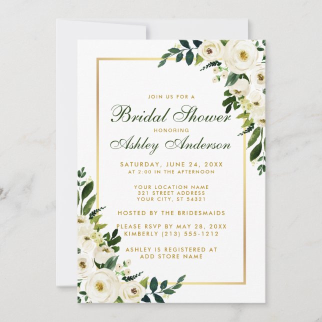 Bridal Shower Green Watercolor Floral Gold Invite (Front)