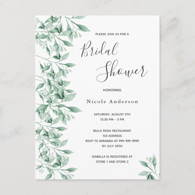 Bridal shower greenery botanical invitation script postcard (Front)