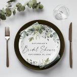 Bridal Shower Greenery Elegant Eucalyptus Boho Paper Plate<br><div class="desc">Design features elegant watercolor greenery eucalyptus,  olive branches,  and other leafy elements. "Bridal Shower" is printed in a modern stylish font surrounded by a few small falling leaves.</div>