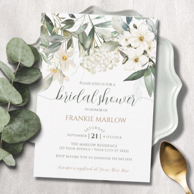 Bridal Shower Greenery White Floral Watercolor Invitation (Creator Uploaded)