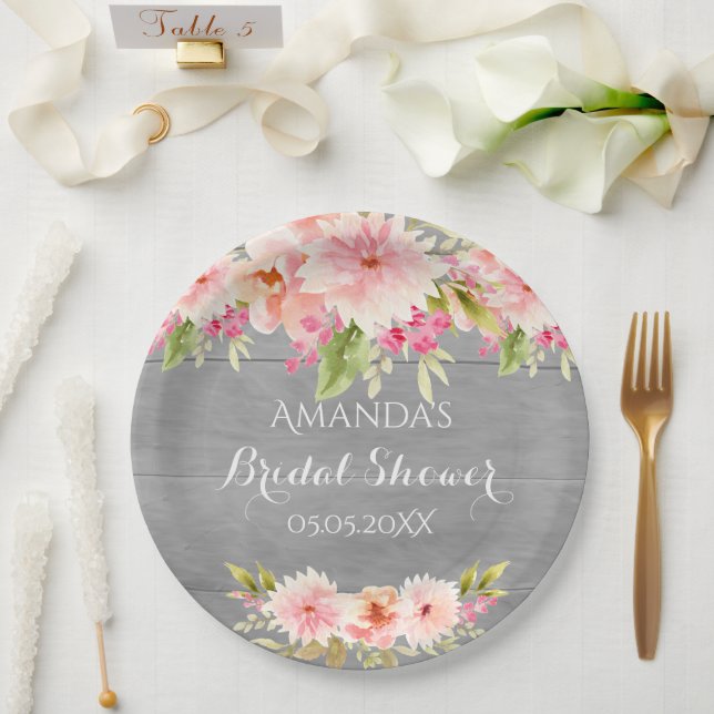 Bridal shower grey pink flowers rustic paper plate (Wedding)