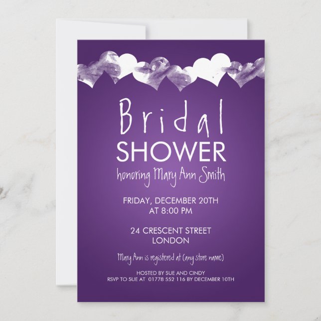 Bridal Shower Grunge Hearts Purple Invitation (Front)