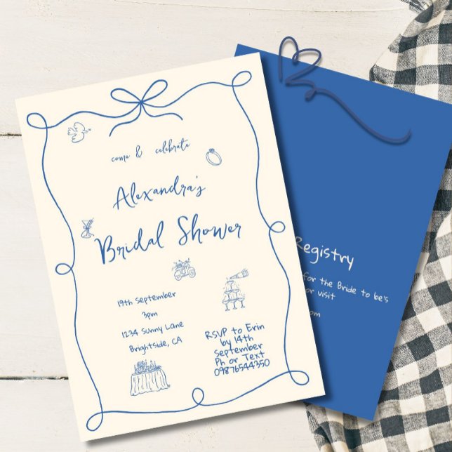 Bridal Shower Hand Drawn Blue Cream Whimsical Invitation (Creator Uploaded)