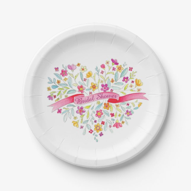 Bridal shower heart flower posy art paper plates (Front)