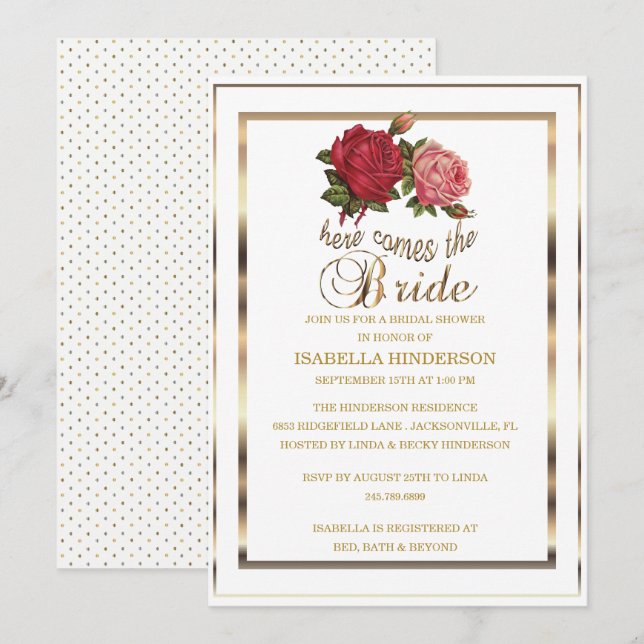 Bridal Shower - Here Comes the Bride -🌹🌹🌹 Rose Invitation (Front/Back)