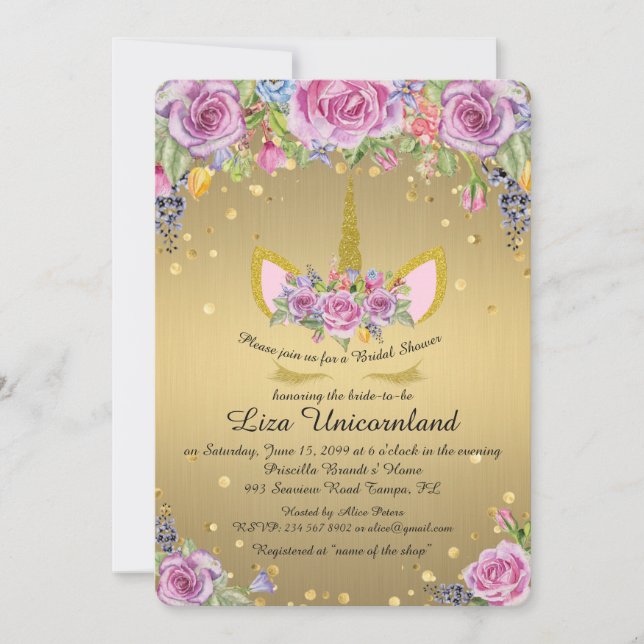 Bridal Shower Honouring, unicorn,metal gold,flower Invitation (Front)