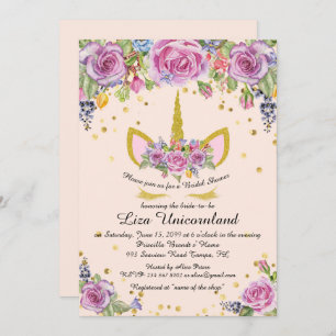Bridal Shower Honouring, unicorn,pink,flowers Invitation