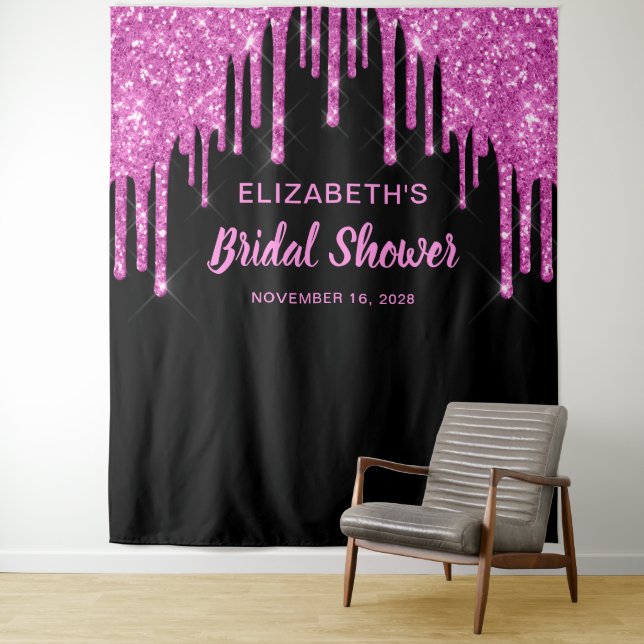 Bridal Shower Hot Pink Glitter Personalised Black Tapestry (In Situ)