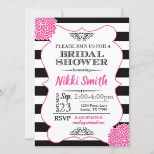 Bridal Shower Hot Pink Peony Black White Stripes Invitation