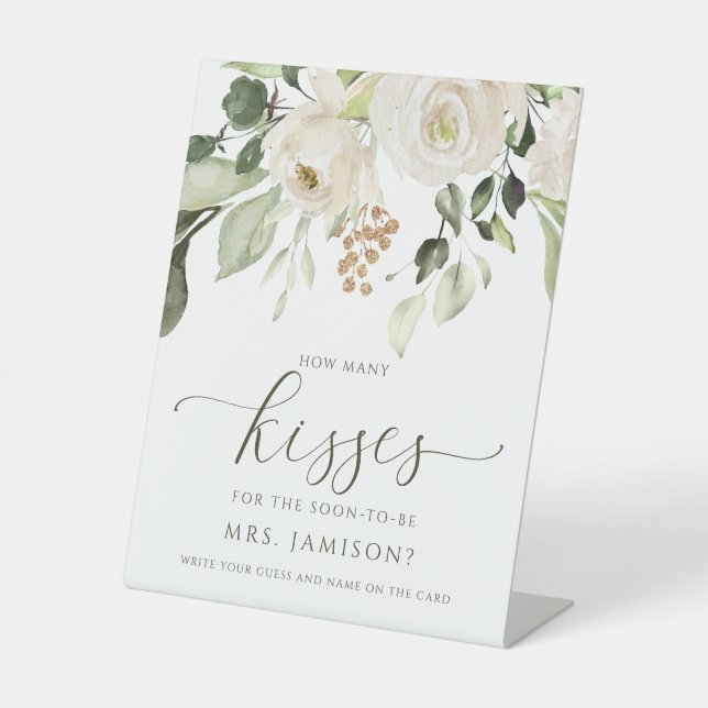 Bridal Shower How Many Kisses Game White Greenery Pedestal Sign (Front)