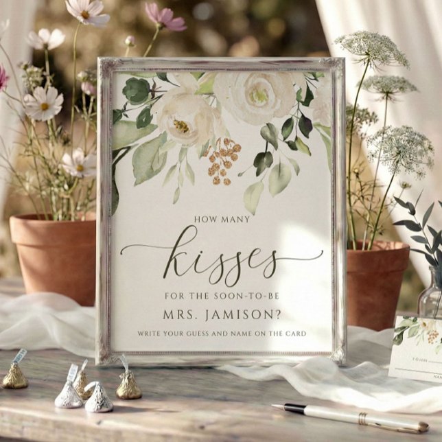 Bridal Shower How Many Kisses Game White Greenery Poster (How many kisses bridal shower game sign - custom printed (frame not included) watercolor floral.)