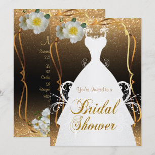 Bridal Shower in Gold Glitter and White Flowers Invitation