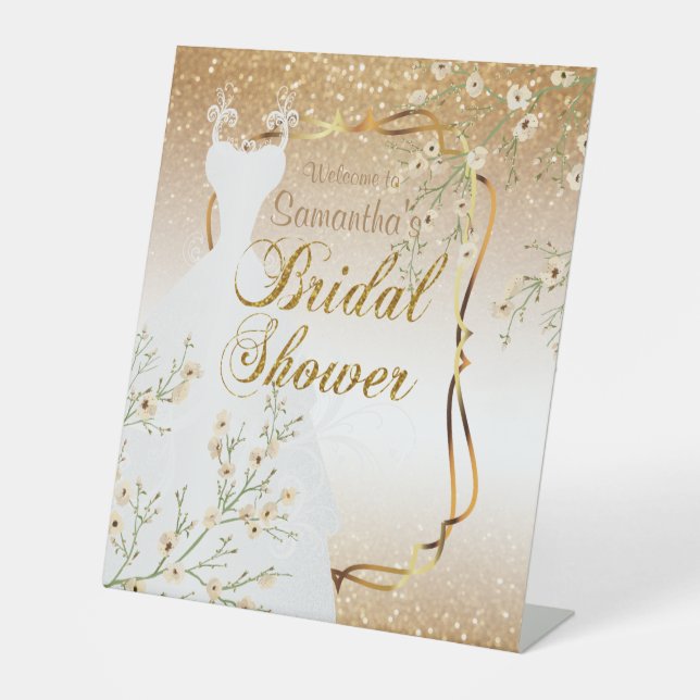 Bridal Shower in Gold Glitter  Pedestal Sign (Front)