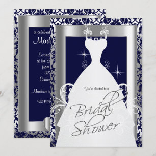 Bridal Shower in Navy Blue 2 Damask and Silver Invitation