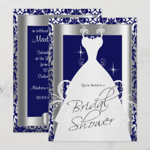 Bridal Shower in Navy Blue Damask and Silver Invitation