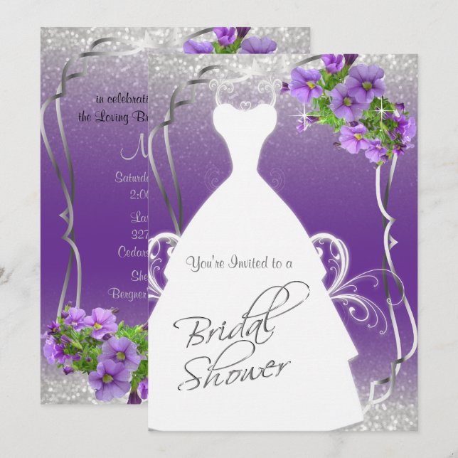 Bridal Shower in Purple and Silver Glitter Invitation (Front/Back)