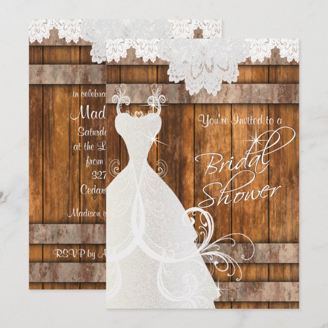 Bridal Shower in Rustic Barn Wood and Lace Invitation (Front/Back)