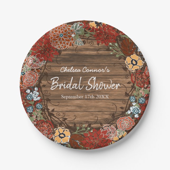 Bridal Shower in Rustic Floral Wreath Paper Plate (Front)