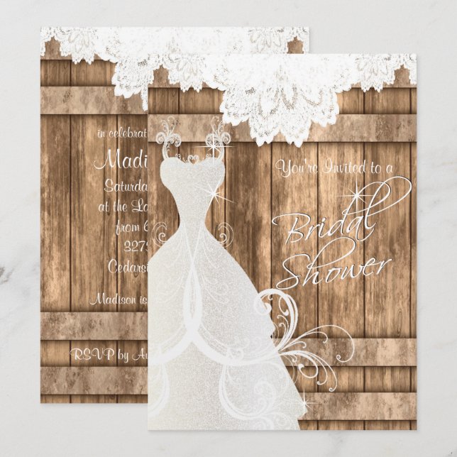 Bridal Shower in Rustic Light Wood and Lace Invitation (Front/Back)