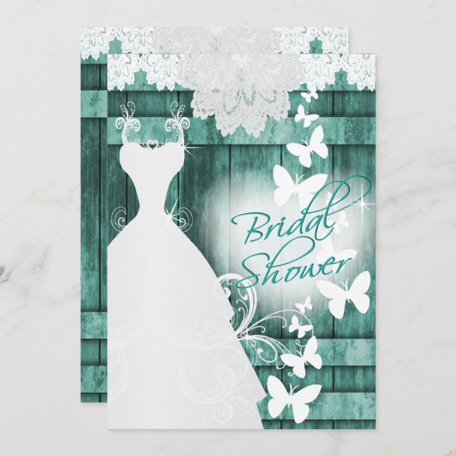 Bridal Shower in Rustic Teal Barn Wood and Lace Invitation (Front/Back)