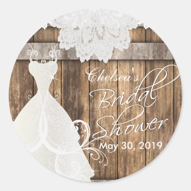 Bridal Shower in Rustic Wood and Lace Classic Round Sticker (Front)